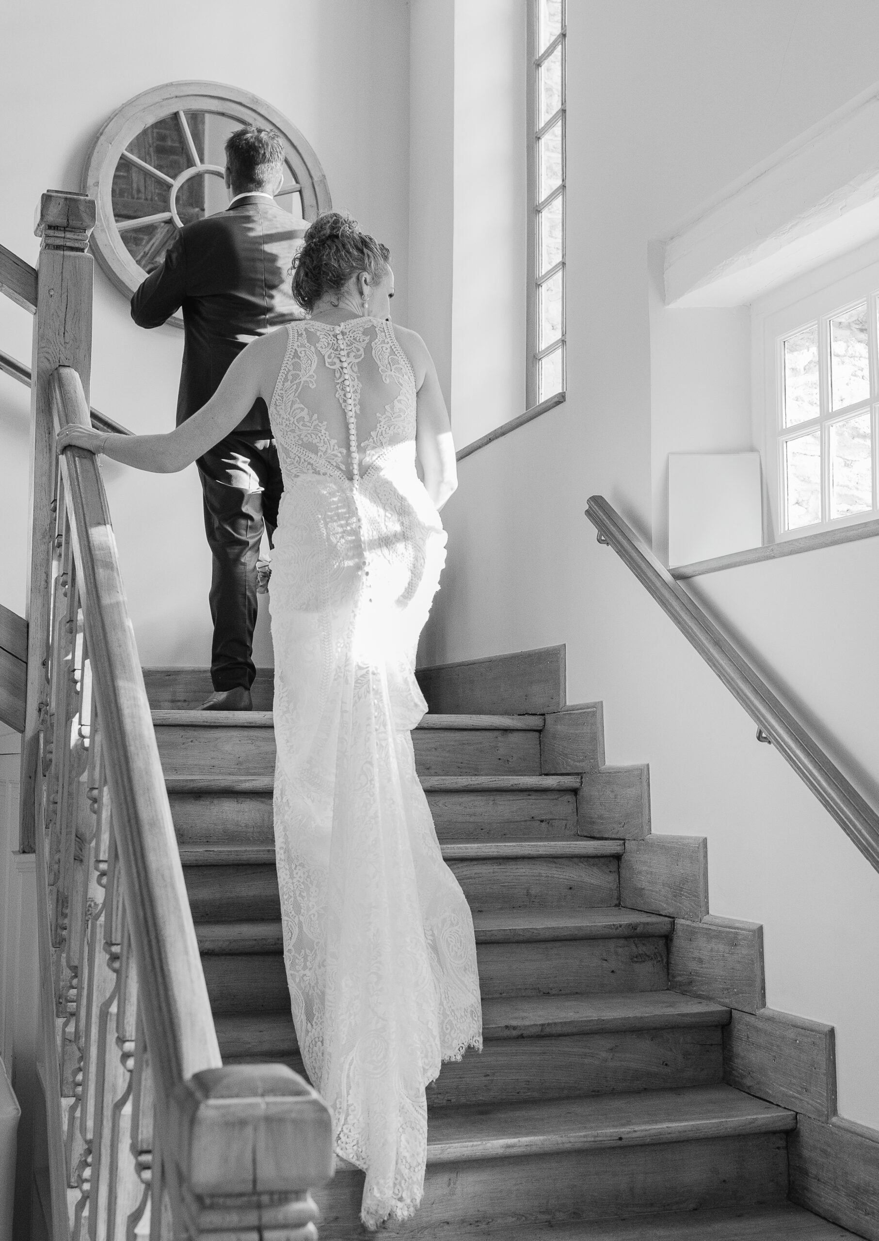 bride and groom natural portrait on stairs france wedding