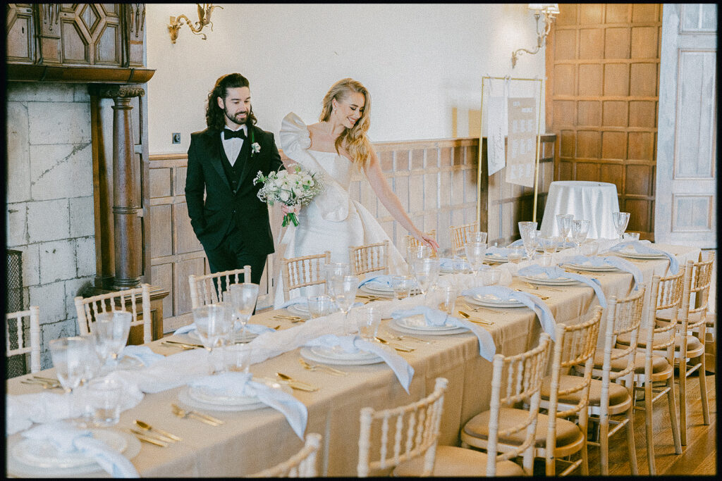 Bride and Groom at Layer Marney Tower Styled Shoot. CMA Hire table styling. Luxury Weddings. Fine Art Wedding Photographer Tracey Davies Photography. 