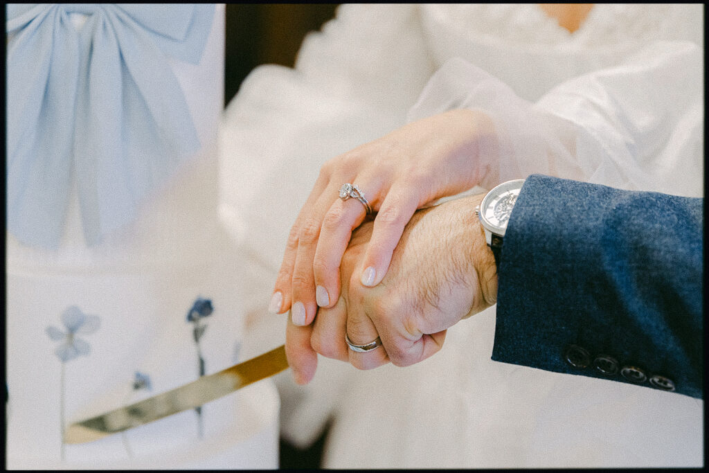 Rings by Essex Bespoke Jewellery. Cake Cutting at Layer Marney Tower. Cake by The Iced Vegan. Fine Art Wedding Photography Tracey Davies Photography Essex. 